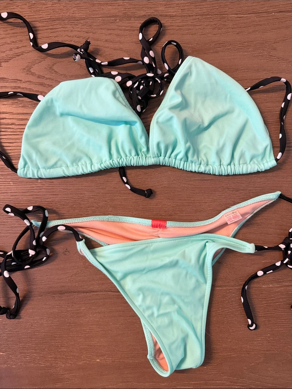 Light Aqua Tie-Strap Bikini Set with Polka Dot Ties